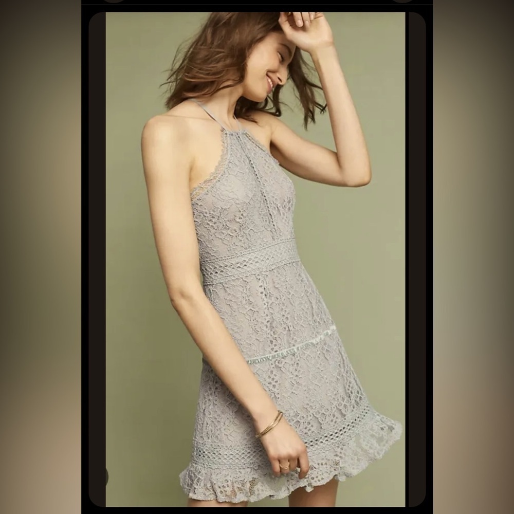 $168 Anthropologie Foxiedox Aquamarine Green Lace Halter Sleeveless Mini size S